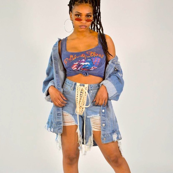 High Waist Lace Up Distressed Jean Shorts - Picture 1 of 7